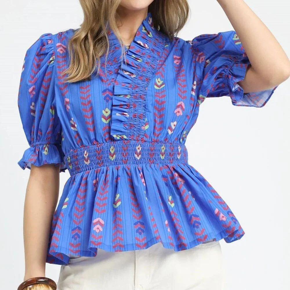 Umgee Printed Half Sleeve Peplum Blouse - Picture 1 of 4